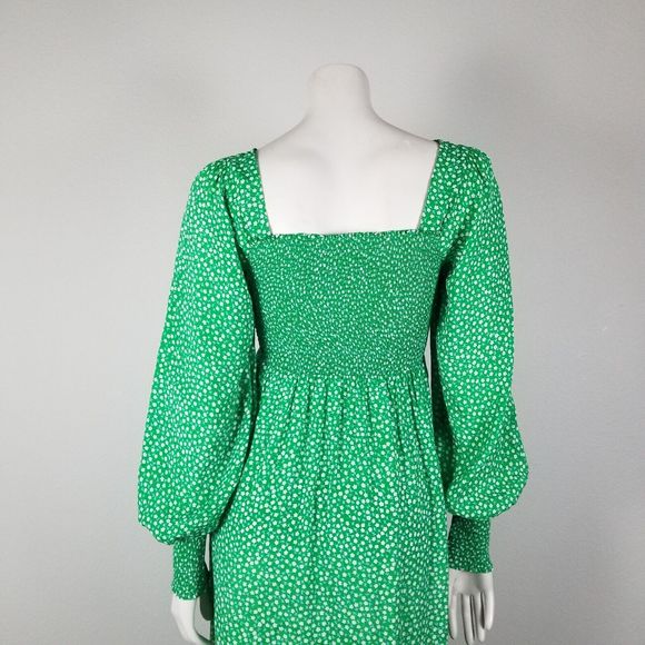 Rixo Marianne Green Micro Floral Smocked Prarie Silk Blend Midi Dress Size XXS - Picture 6 of 14